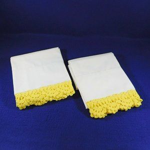 Vintage 2 White Pillowcases King Size Bright Yellow Hand Crocheted Lace Edging
